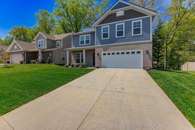 view of front facade featuring an attached garage, a front lawn, brick siding, and concrete driveway