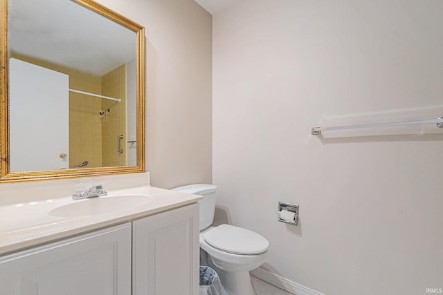 full bath with toilet, walk in shower, tile patterned flooring, and vanity