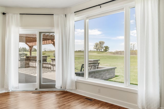 doorway featuring visible vents, wood finished floors, and a healthy amount of sunlight