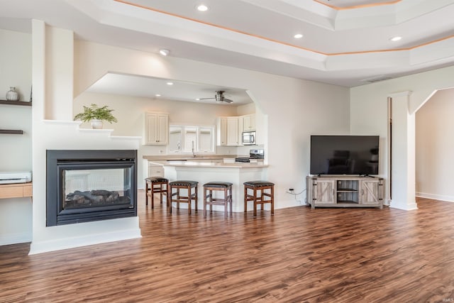 living room with recessed lighting, a raised ceiling, a multi sided fireplace, and dark wood-style floors