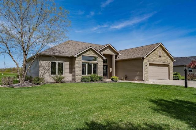 single story home featuring driveway, a front lawn, stone siding, and a garage