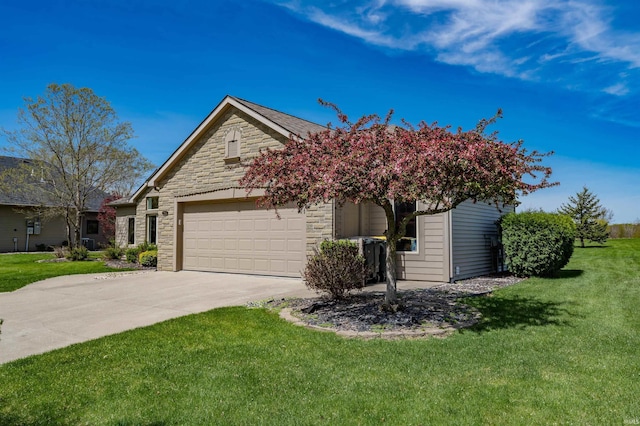 view of front of house with a garage, a front lawn, stone siding, and concrete driveway