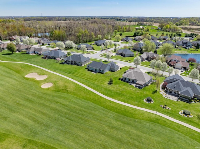 bird's eye view featuring a water view, a residential view, and golf course view