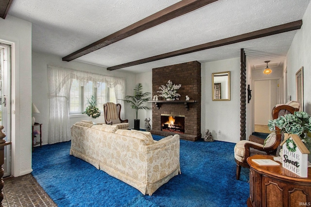 carpeted living room featuring a fireplace, beam ceiling, and a textured ceiling