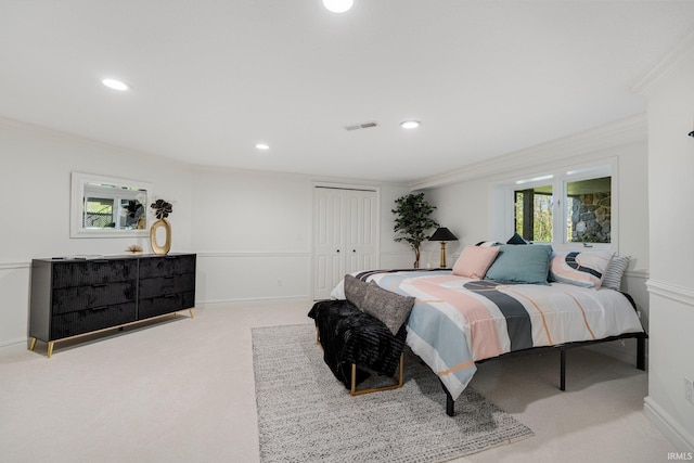 bedroom with crown molding, multiple windows, carpet, and visible vents