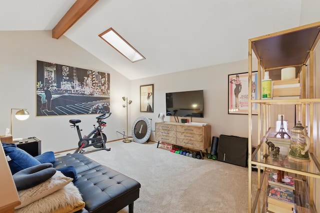 carpeted living area featuring lofted ceiling with skylight