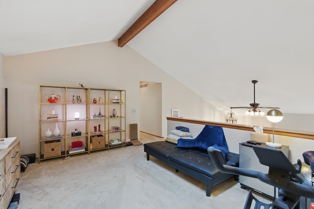 living area featuring light colored carpet, lofted ceiling with beams, ceiling fan, and visible vents