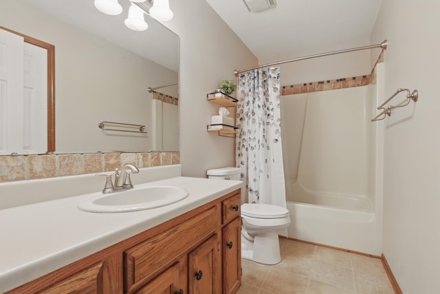 bathroom with vanity, shower / bath combo with shower curtain, visible vents, and toilet