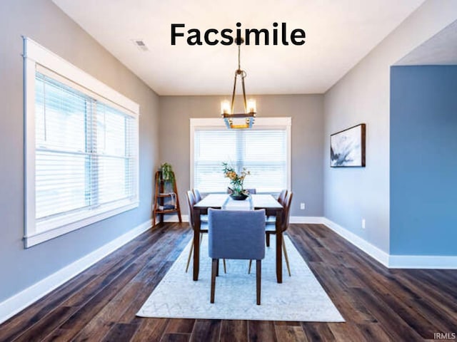 dining space with baseboards, dark wood-type flooring, a chandelier, and a wealth of natural light