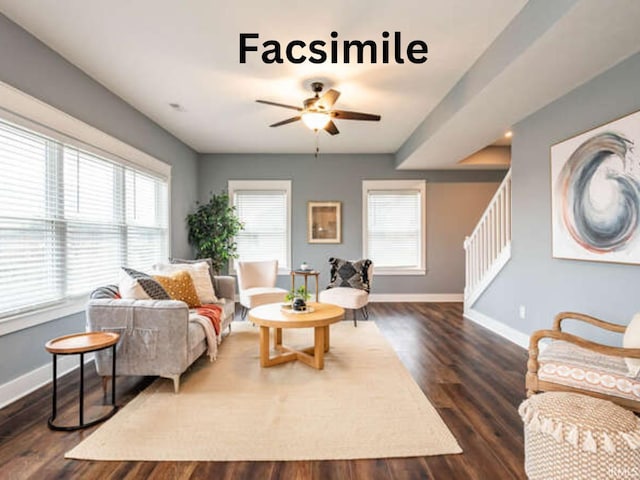 living room with a healthy amount of sunlight, baseboards, ceiling fan, and stairway