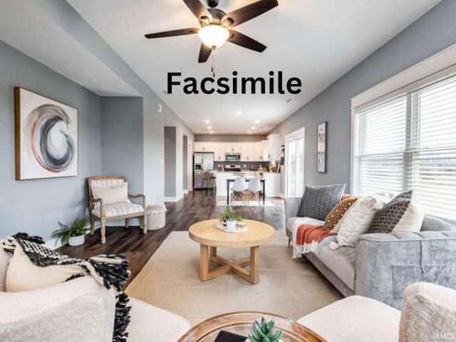 living area with baseboards, recessed lighting, ceiling fan, and wood finished floors