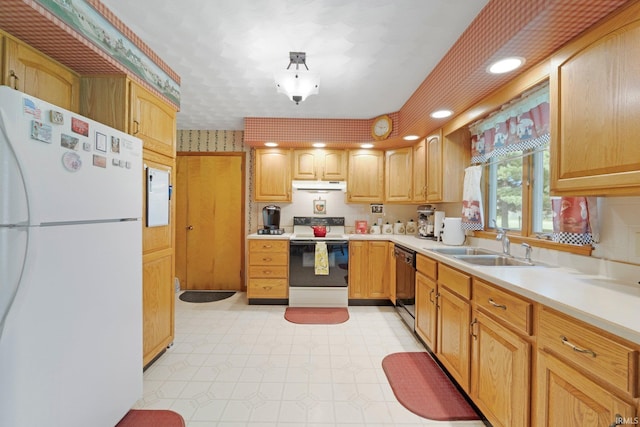 kitchen with freestanding refrigerator, black dishwasher, light countertops, electric range oven, and under cabinet range hood