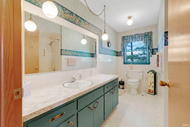 full bathroom with vanity, toilet, tile walls, walk in shower, and tile patterned floors