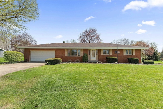 ranch-style home featuring an attached garage, a front lawn, driveway, and brick siding
