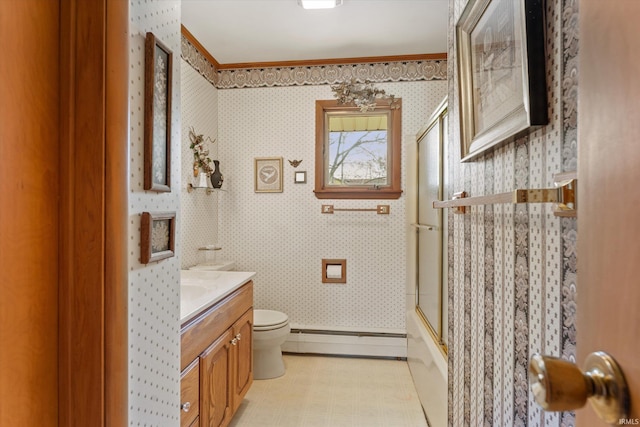 full bathroom featuring crown molding, baseboard heating, vanity, toilet, and wallpapered walls
