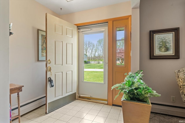 doorway with light tile patterned floors and a baseboard heating unit