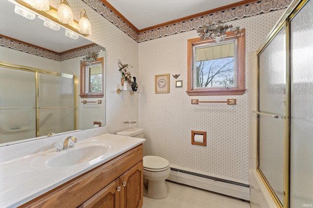 full bathroom featuring crown molding, vanity, a baseboard radiator, toilet, and wallpapered walls