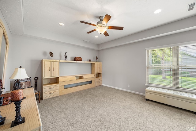 interior space with visible vents, recessed lighting, carpet, and baseboards