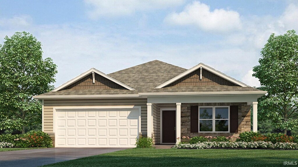 12775 Watts Dr, Fort Wayne, IN 46818 - craftsman-style house with driveway, a front yard, an attached garage, a shingled roof, and stone siding