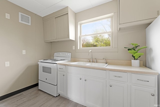 kitchen featuring visible vents, electric stove, a sink, and light countertops