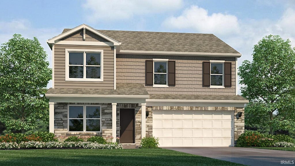 craftsman-style home with a front yard, a garage, concrete driveway, a shingled roof, and stone siding