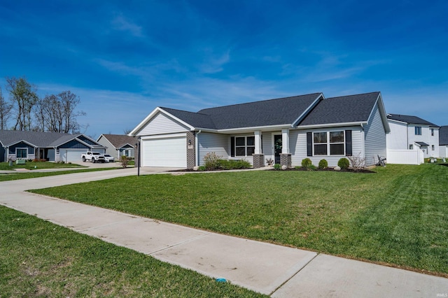ranch-style house featuring roof with shingles, a residential view, an attached garage, a front lawn, and concrete driveway