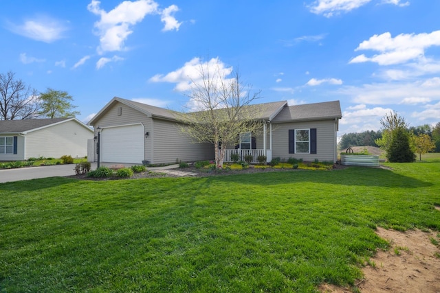 202 Jeremy Dr, Milford, IN 46542 - ranch-style home featuring a garage, a front lawn, covered porch, and concrete driveway