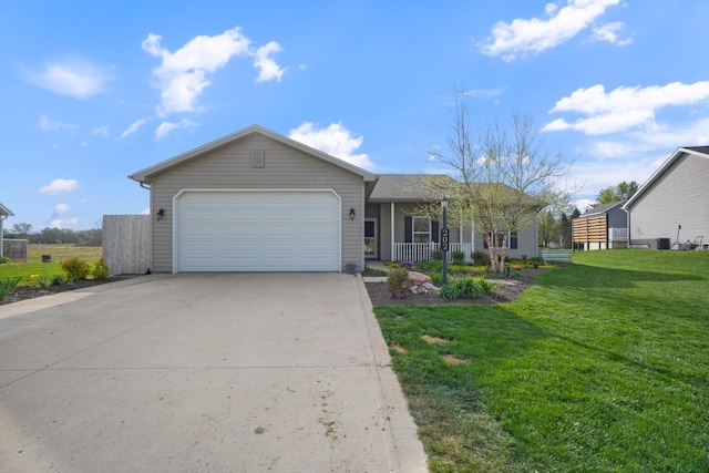 202 Jeremy Dr, Milford, IN 46542 - ranch-style home with a garage, central AC unit, concrete driveway, and a front lawn