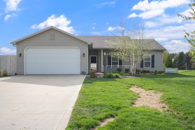 202 Jeremy Dr, Milford, IN 46542 - ranch-style home with fence, a front lawn, a garage, a porch, and driveway