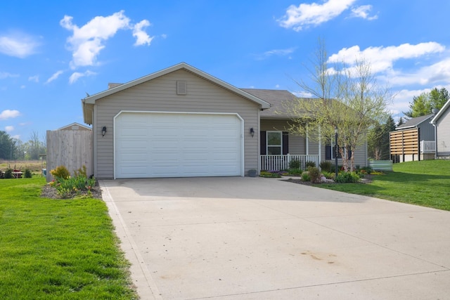 202 Jeremy Dr, Milford, IN 46542 - ranch-style house with covered porch, a garage, fence, a front lawn, and concrete driveway