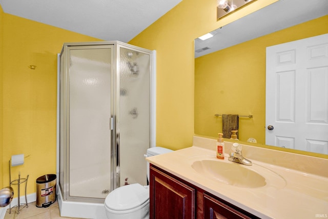 7911 N Thames Dr, Bloomington, IN 47408 - bathroom with tile patterned flooring, vanity, toilet, a shower stall, and visible vents