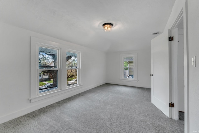 additional living space featuring visible vents, carpet, baseboards, and a wealth of natural light