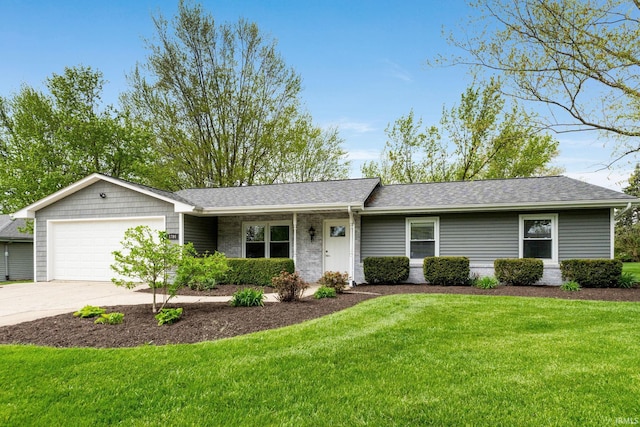 single story home with a garage, a shingled roof, concrete driveway, and a front yard