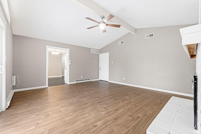 unfurnished living room with a ceiling fan, visible vents, baseboards, a baseboard radiator, and lofted ceiling with beams