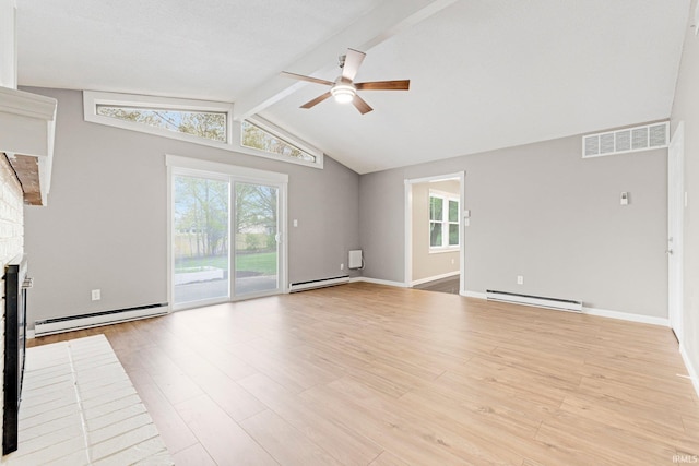 unfurnished living room with ceiling fan, baseboard heating, and visible vents