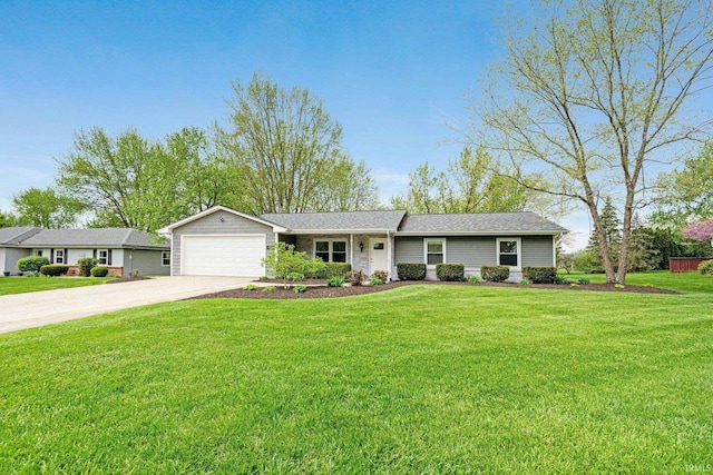 single story home featuring concrete driveway, an attached garage, and a front lawn