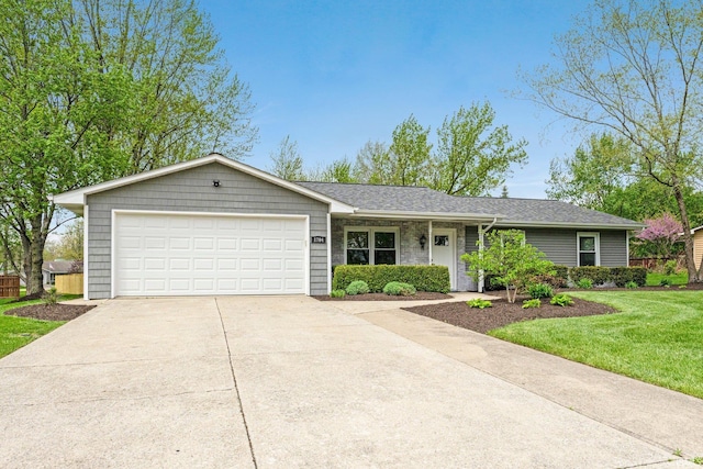 ranch-style house with an attached garage, roof with shingles, driveway, and a front yard