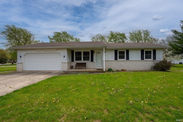 ranch-style home with an attached garage, brick siding, a porch, a front yard, and concrete driveway