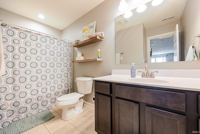 bathroom with visible vents, tile patterned flooring, toilet, and a shower with curtain