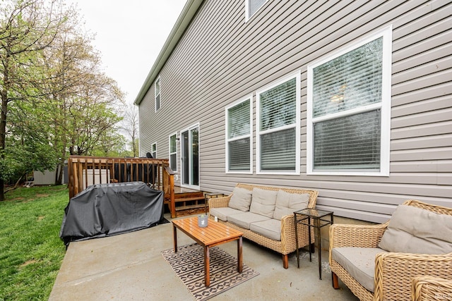 view of patio featuring a deck, an outdoor hangout area, and a grill