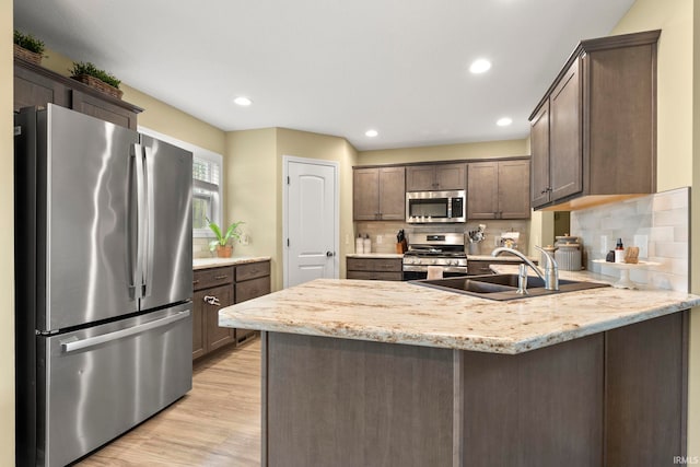 kitchen featuring dark brown cabinetry, appliances with stainless steel finishes, light wood finished floors, a peninsula, and backsplash