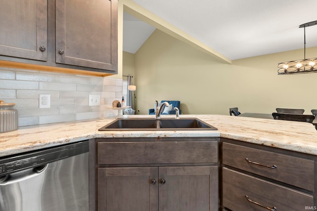 kitchen with a sink, decorative backsplash, dishwasher, and dark brown cabinets