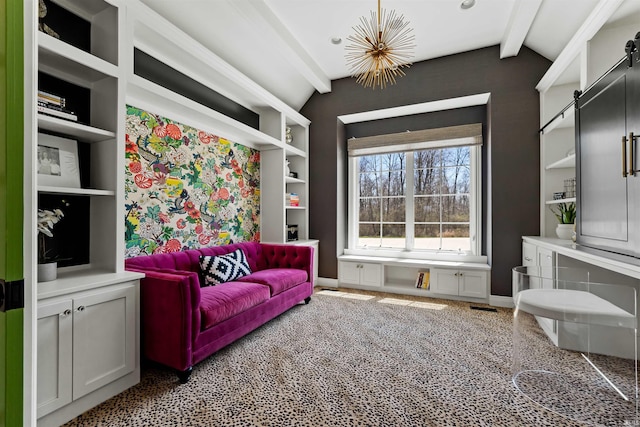 13341 Leesburg Rd, Fort Wayne, IN 46818 - living area with carpet, baseboards, and lofted ceiling with beams