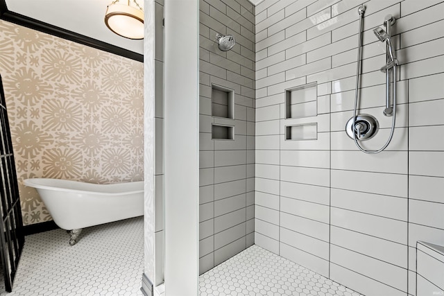 13341 Leesburg Rd, Fort Wayne, IN 46818 - full bath with a freestanding tub, baseboards, wallpapered walls, and tiled shower