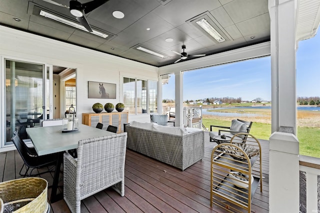 13341 Leesburg Rd, Fort Wayne, IN 46818 - wooden terrace with a water view, ceiling fan, outdoor lounge area, and outdoor dining area