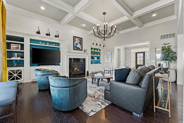 13341 Leesburg Rd, Fort Wayne, IN 46818 - living area with visible vents, a glass covered fireplace, dark wood finished floors, and coffered ceiling
