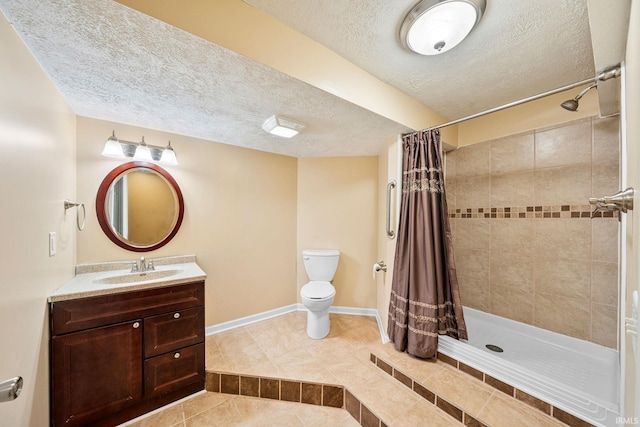 bathroom with toilet, a textured ceiling, a tile shower, and tile patterned flooring