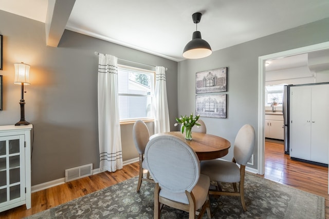 dining room with visible vents, wood finished floors, and a healthy amount of sunlight