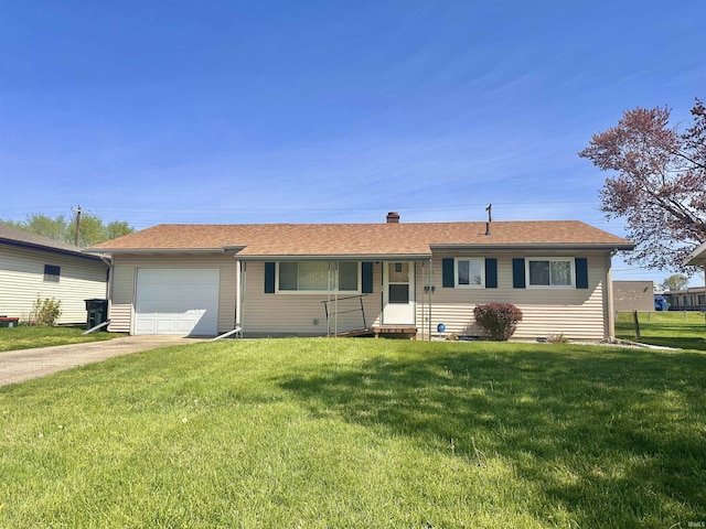 ranch-style home featuring an attached garage, driveway, roof with shingles, and a front lawn