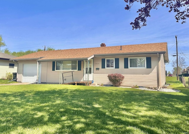 single story home with a chimney, a garage, roof with shingles, and a front yard